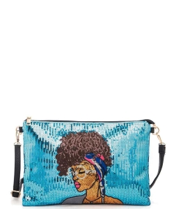 Girl In Glasses Sequin Convertible Crossbody Swing Clutch 136-B029G TURQUOISE